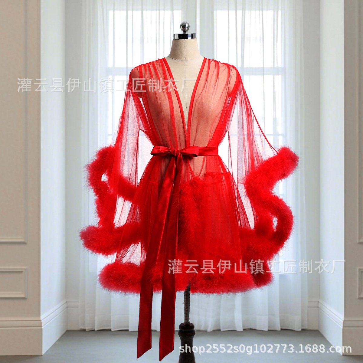 跨境新款大码女式网纱情趣睡袍透视性感诱惑腰带毛毛睡衣厂家直供,女士内衣/男士内衣/家居服,内衣配件,淘宝优惠券,粉丝福利购,淘宝优惠卷