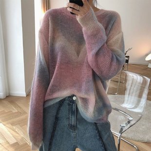 扎染马海毛套头毛衣女秋冬韩版宽松慵懒彩虹渐变镂空圆领针织上衣