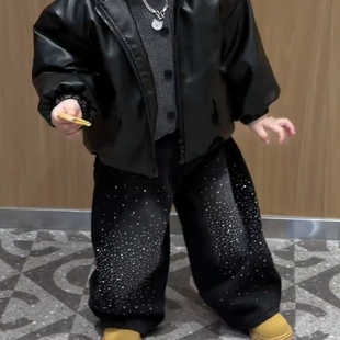 男童加绒裤子2026新款秋冬季儿童满天星烫钻阔腿牛仔裤百搭弯刀裤