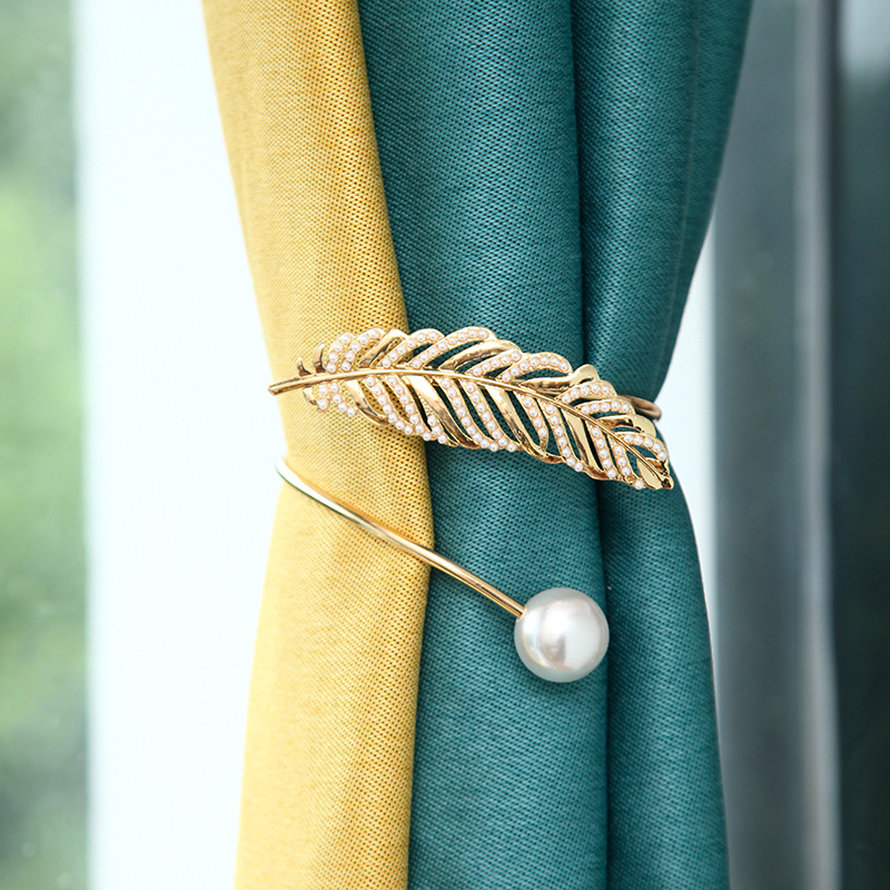 新款轻奢窗帘绑带树叶金属满珍珠羽毛珍珠磁吸窗帘扣窗帘夹