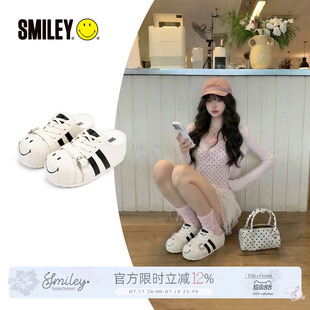 SMILEY笑脸白色贝壳头星星毛毛虫女夏季半拖一脚蹬增高穆勒拖鞋子