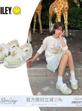 SMILEY笑脸绿色夏季法式圆头波点蕾丝女内增高玛丽珍芭蕾德训单鞋