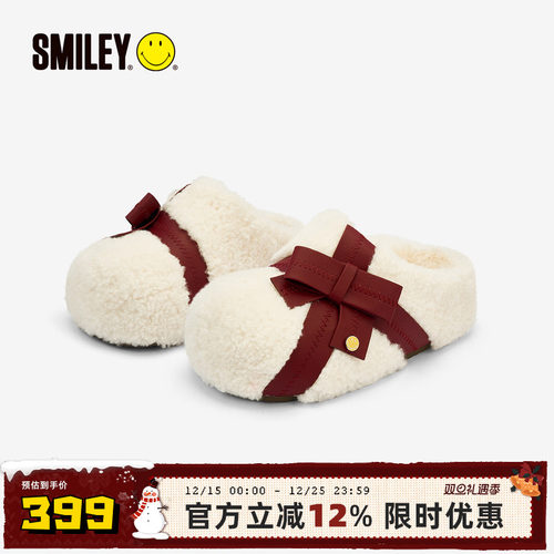 SMILEY笑脸白冬季女蝴蝶结穆勒拖