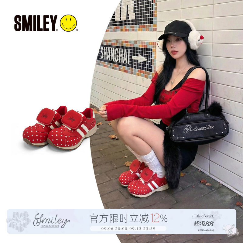 【魏辰同款】SMILEY笑脸蘑菇红色丑萌波点圆头增高复古休闲慢跑鞋