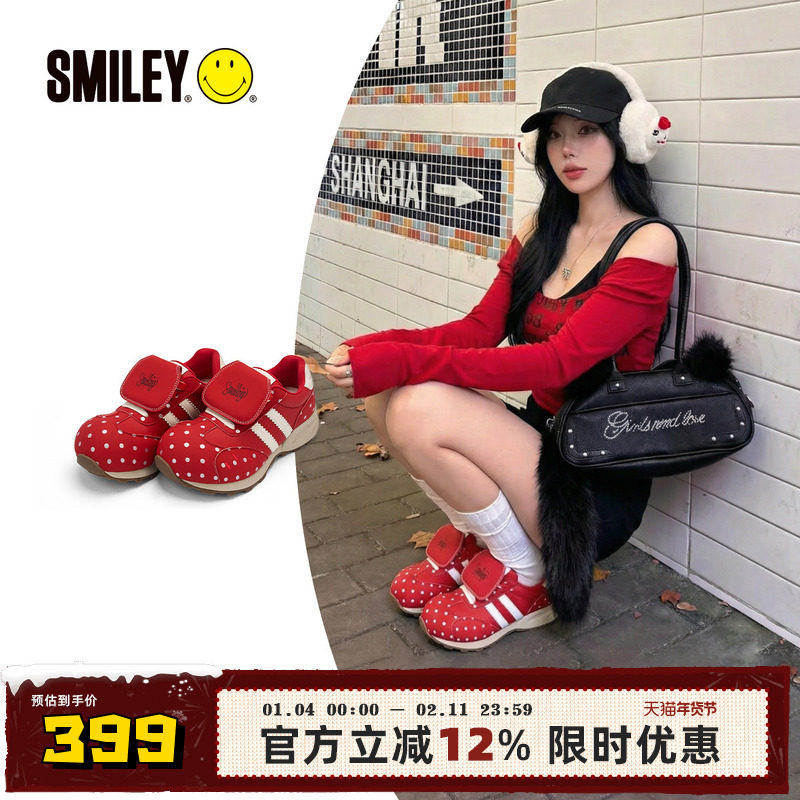 SMILEY笑脸蘑菇系列红色女丑萌波点翻盖圆头增高慢跑鞋复古休闲鞋,女鞋,时尚休闲鞋,淘宝优惠券,粉丝福利购,淘宝优惠卷