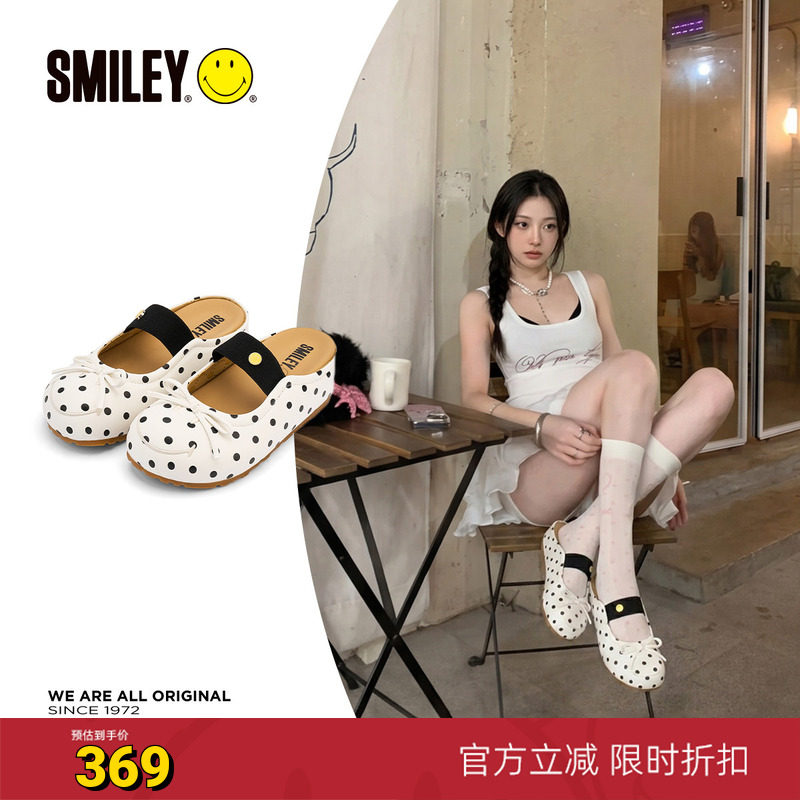 SMILEY笑脸波点蝴蝶结白色玛丽珍穆勒包头半拖女一脚蹬内增高单鞋