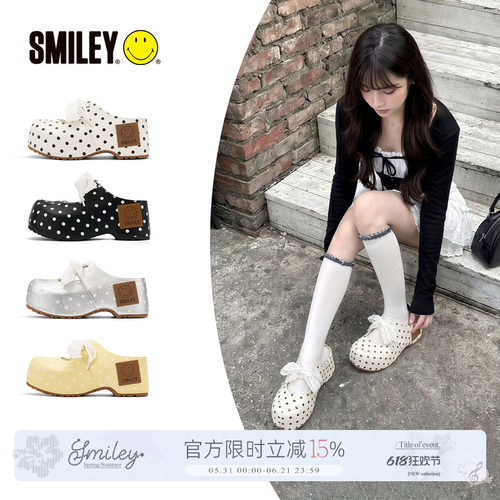 SMILEY笑脸蕾丝高跟玛丽珍半拖鞋