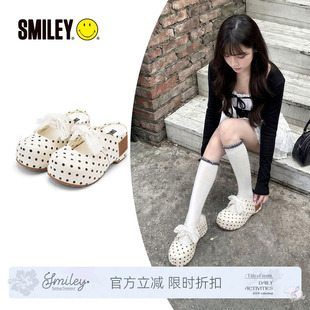 【鞠婧祎同款】SMILEY笑脸波点白色蕾丝玛丽珍厚底高跟增高半拖鞋