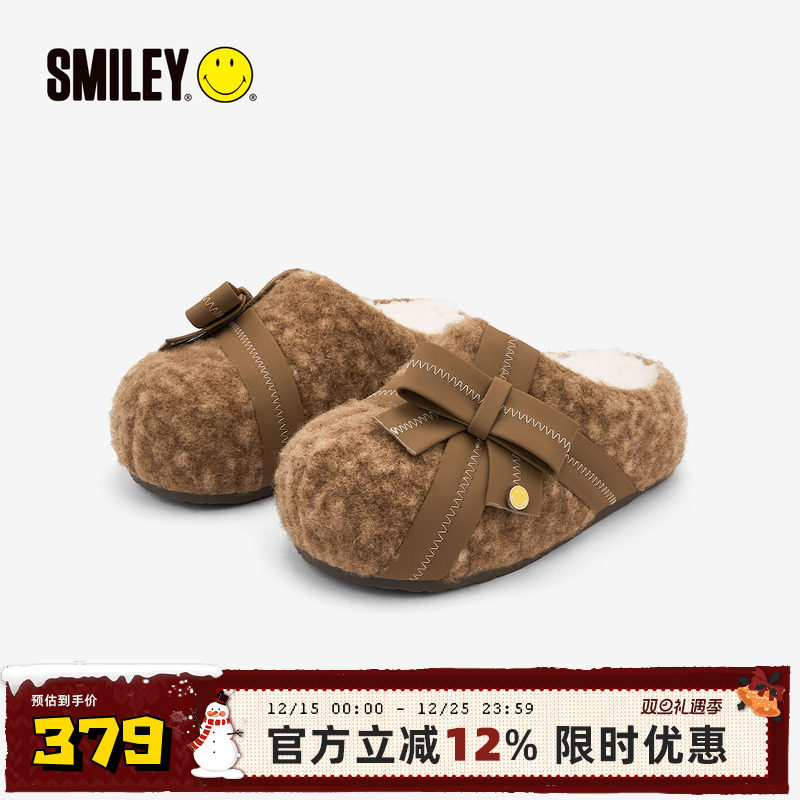 SMILEY笑脸毛绒冬季女棕色蝴蝶结穆勒拖鞋勃肯外穿一脚蹬厚底增高