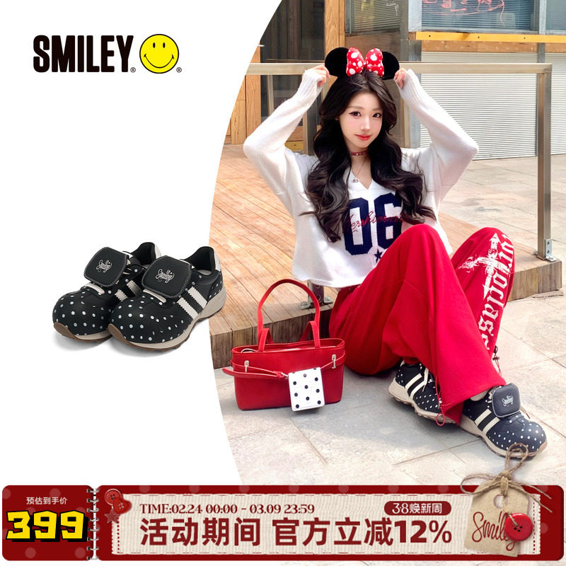 SMILEY笑脸蘑菇系列黑色女丑萌波点翻盖圆头增高慢跑鞋复古休闲鞋
