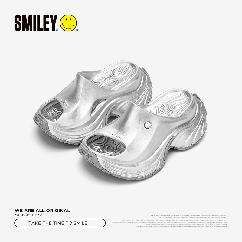 【吴宣仪同款】SMILEY笑脸银色拖鞋9CM增高新款沙滩凉拖厚底女鞋