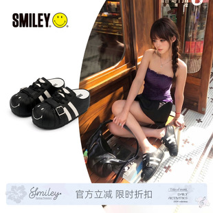 SMILEY笑脸黑色贝壳头星星毛毛虫女通勤半拖一脚蹬厚底包头拖鞋子