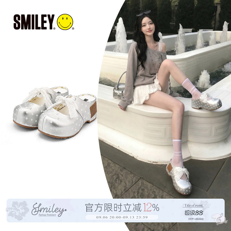 SMILEY笑脸蕾丝高跟玛丽珍半拖鞋图片