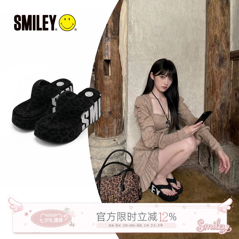 SMILEY笑脸夏季新款黑色豹纹高跟女厚底沙滩凉鞋辣妹人字夹脚拖鞋