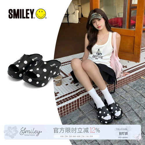 SMILEY笑脸鱼嘴波点高跟半拖鞋子