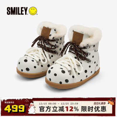 SMILEY笑脸圆头白色波点雪地靴子