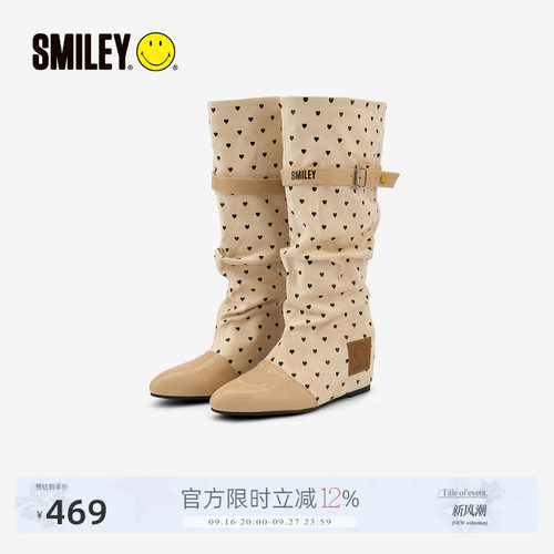 SMILEY笑脸皮带扣女长筒尖头靴子