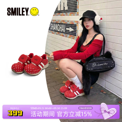 SMILEY笑脸红色波点女翻盖慢跑鞋