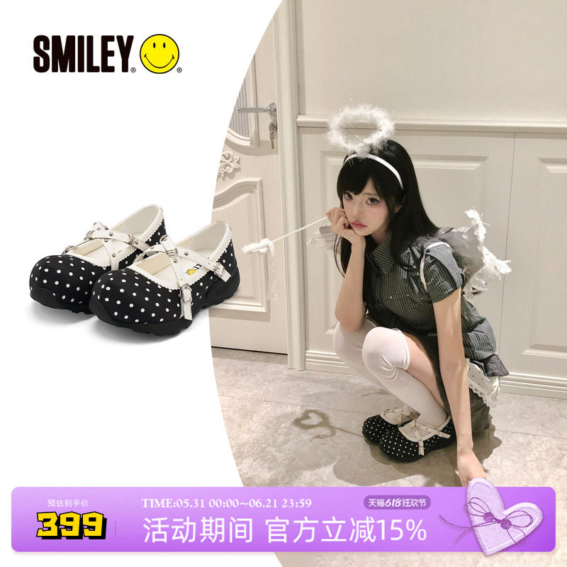 SMILEY笑脸圆头波点黑色厚底增高女春季新款运动玛丽珍鞋休闲鞋子
