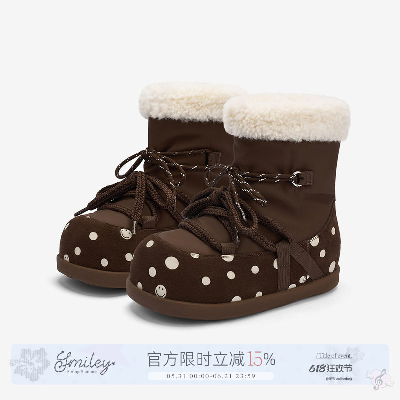 SMILEY笑脸小熊雪地靴棕色冬保暖厚底增高加绒中筒波点棉鞋美拉德