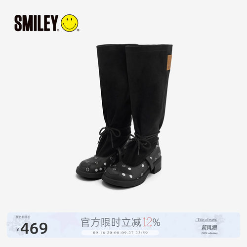 SMILEY笑脸黑色拼接舒适女靴