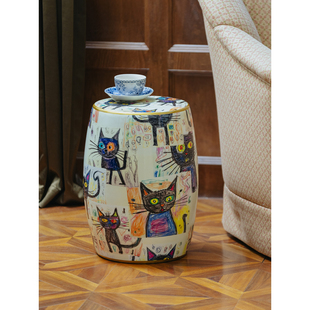 家庭罗曼史 薛定谔的猫鼓凳彩绘陶瓷坐墩法式中古风客厅边几卧室