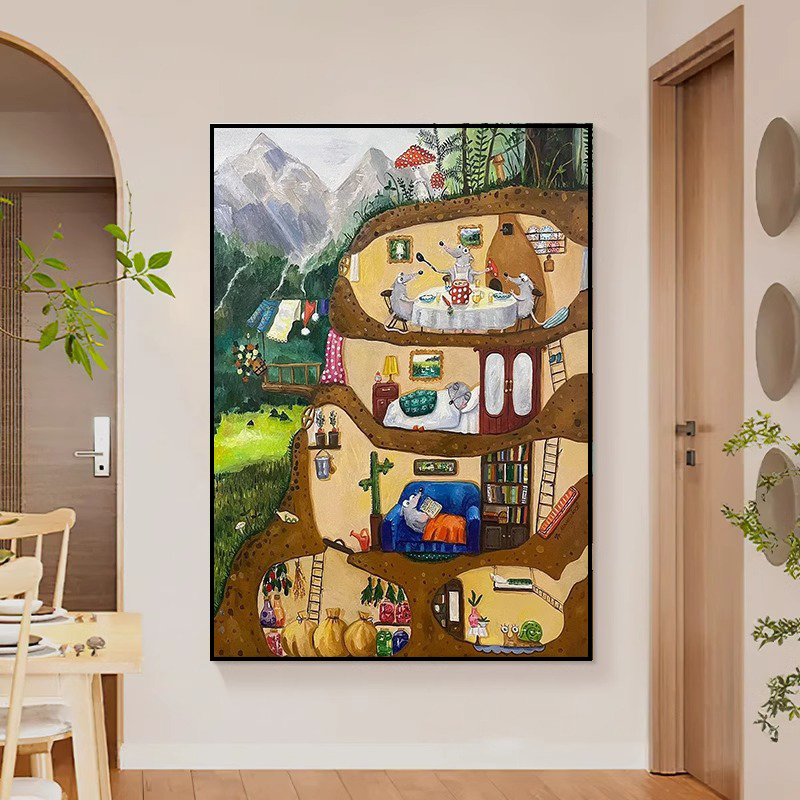 小众艺术卡通老鼠客厅装饰画幼儿园玄关动物挂画绿色风景餐厅壁画图片