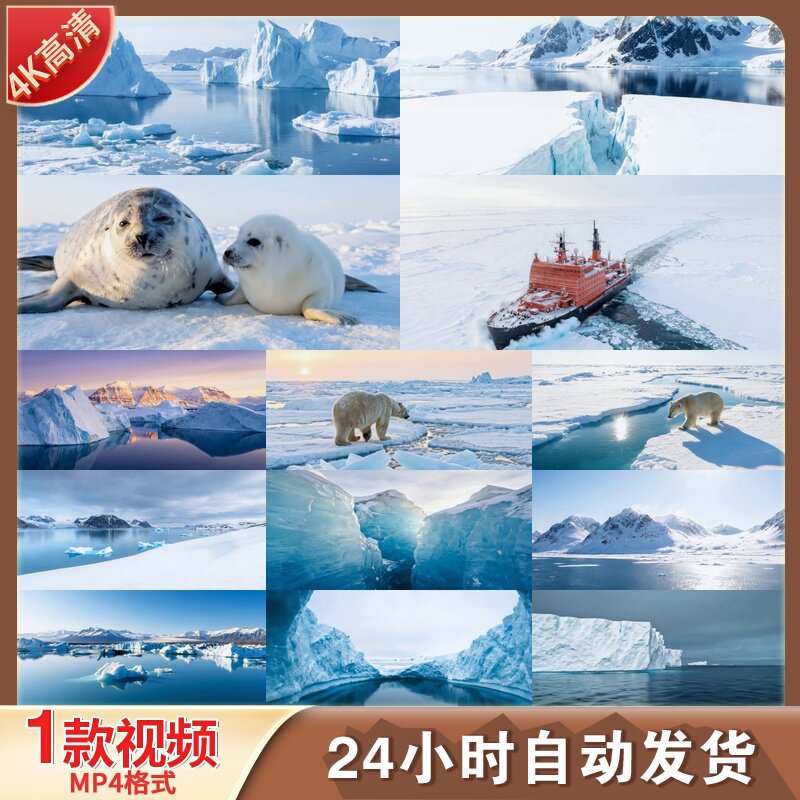 高清北极南极冰川冰层破冰船南极洲雪山企鹅雪景风光视频素材