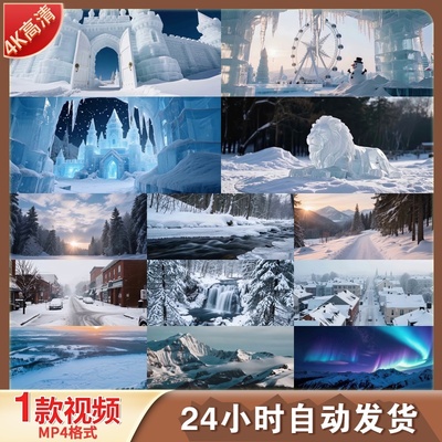 高清冰雪世界梦幻雪景冬日航拍雪山森林溪流冰雕雾阳光视频素材