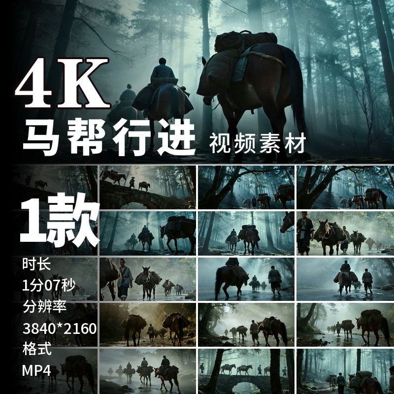高清茶马古道马帮商队驮队盐帮蜀道丝绸之路山区森林雾气视频素材