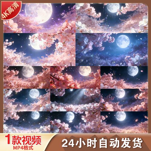 高清花前月下樱花月夜浪漫唯美梦幻中国风意境婚礼背景视频素材