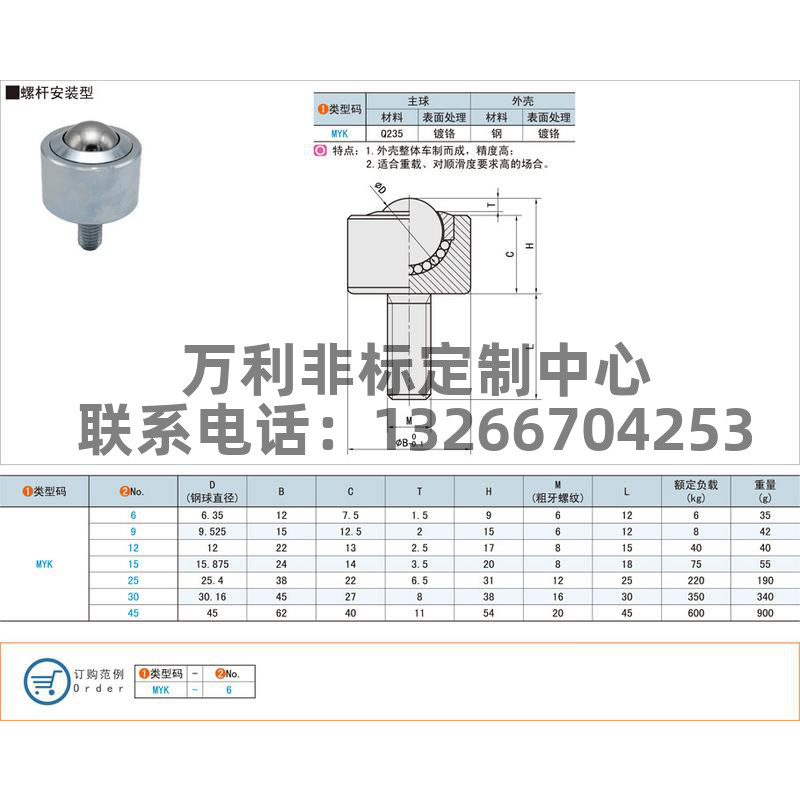 网红SAMLO/上隆型号MYK-6/9/12/15/25/30/45重载型万向球-螺杆安