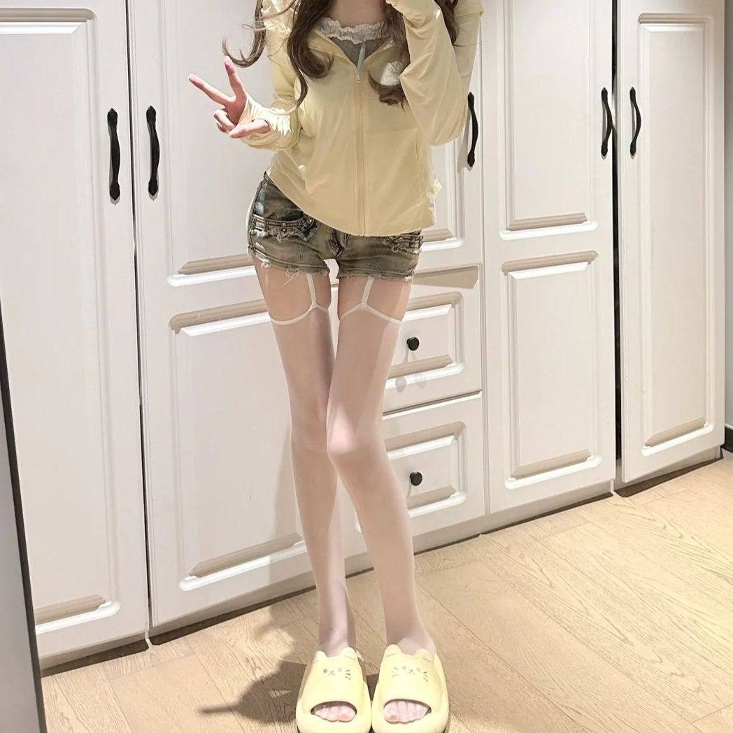 性感吊带一体袜纯欲红边黑丝肉丝撞色吊带袜长筒大腿袜免脱攻速袜