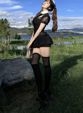 拼接网纱压力过膝袜女春秋强压瘦腿jk袜子拼色长筒袜黑色大腿袜cp