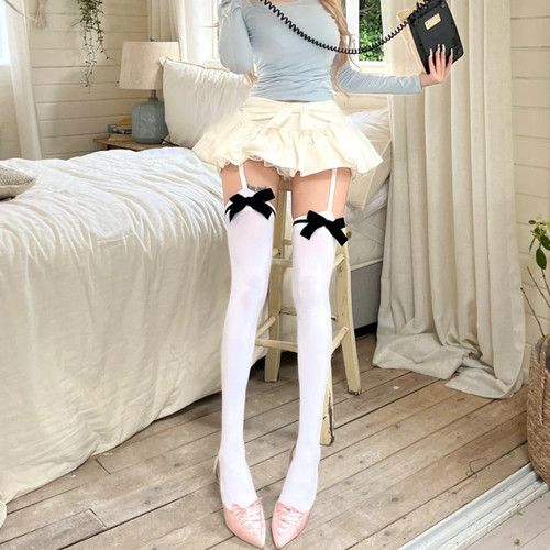 女仆萌物Lolita黑色蝴蝶结丝袜可爱女仆袜学生袜 丝绒蝴蝶吊带袜