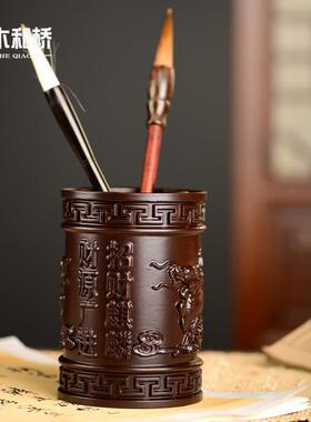 黑檀木雕麒麟笔筒工艺品办公室书桌家居客厅木质笔筒摆件送礼