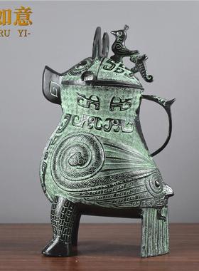 仿古青铜器摆件商代妇好鸮尊纯铜鸟形尊容酒器中式工艺品软装饰品