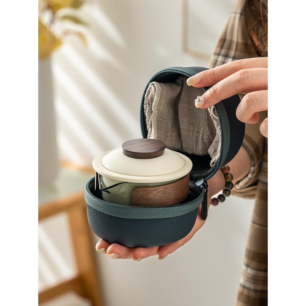 陶瓷快客杯一壶三杯便携式户外车载功夫泡茶壶收纳包旅行茶具套装