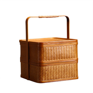 批发竹编提篮收纳日式双层水果点心果盘宫廷食盒影视道具复古风