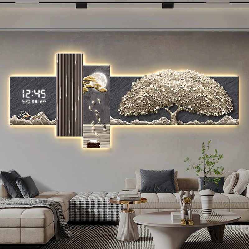 发财树客厅装饰画万年历电子钟沙发背景墙M挂画轻奢创意时钟壁灯图片