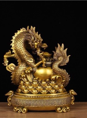 纯黄铜祥龙聚f宝摆件工艺品黄铜青龙招财祥龙腾四海生肖龙五爪盘