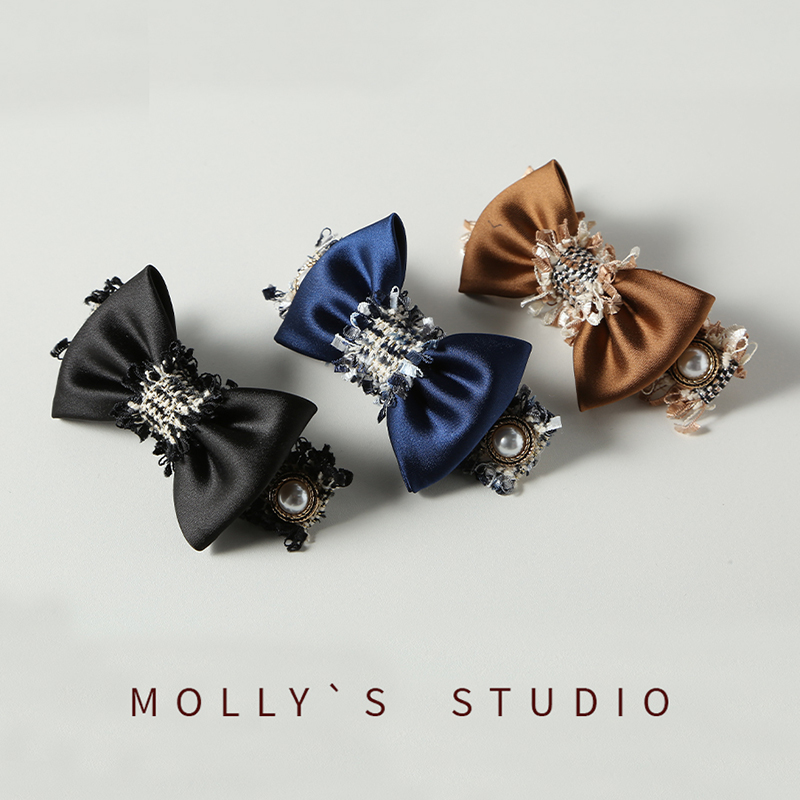 精致小香风缎面蝴蝶结珍珠弹簧夹抓夹2024新款高级感气质发夹发饰