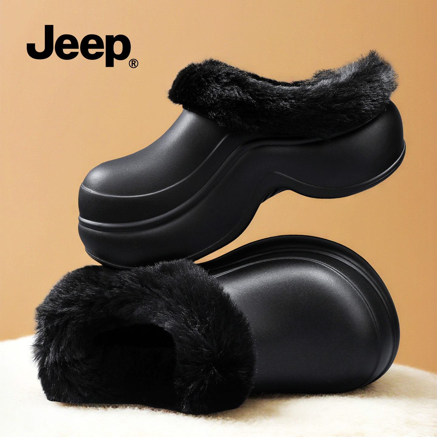 JEEP加绒洞洞鞋女款冬季外穿2025新款黑色棉拖女冬加棉厚底棉拖鞋