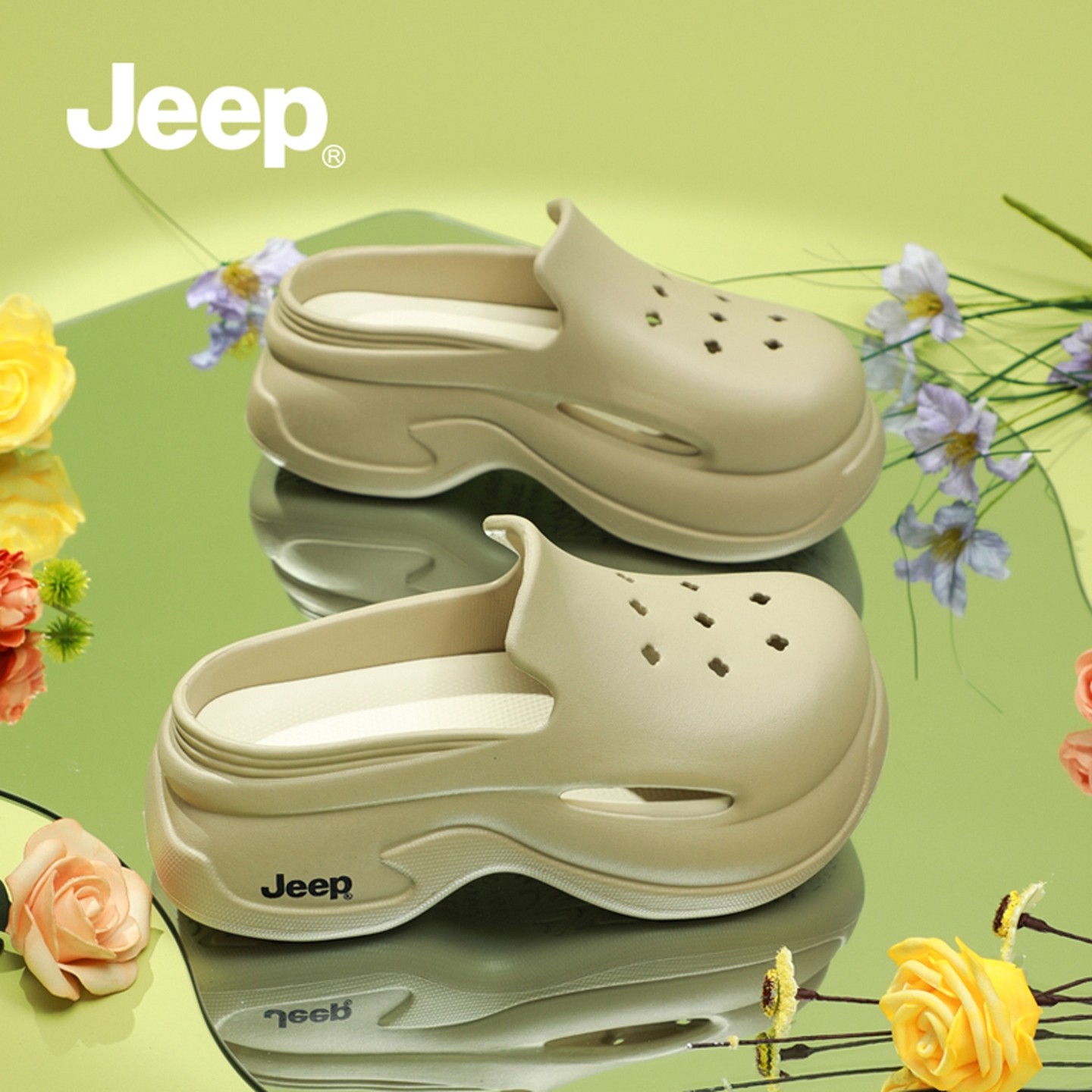 JEEP洞洞鞋女款夏季外穿半拖2026新款包头凉拖鞋女夏厚底增高拖鞋