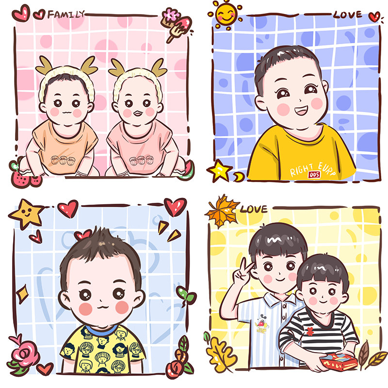 宝宝微信头像手绘定制q版卡通小男女孩子百天照转动漫形象设计