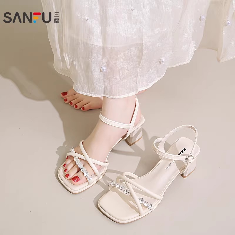 三福真皮粗跟凉鞋女2025夏季新款气质一字带水钻中跟配裙子高跟鞋