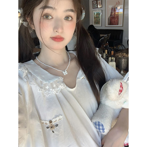 范雯雯 日光情笺 法式少女风甜美学院娃娃领白色衬衫夏宽松上衣