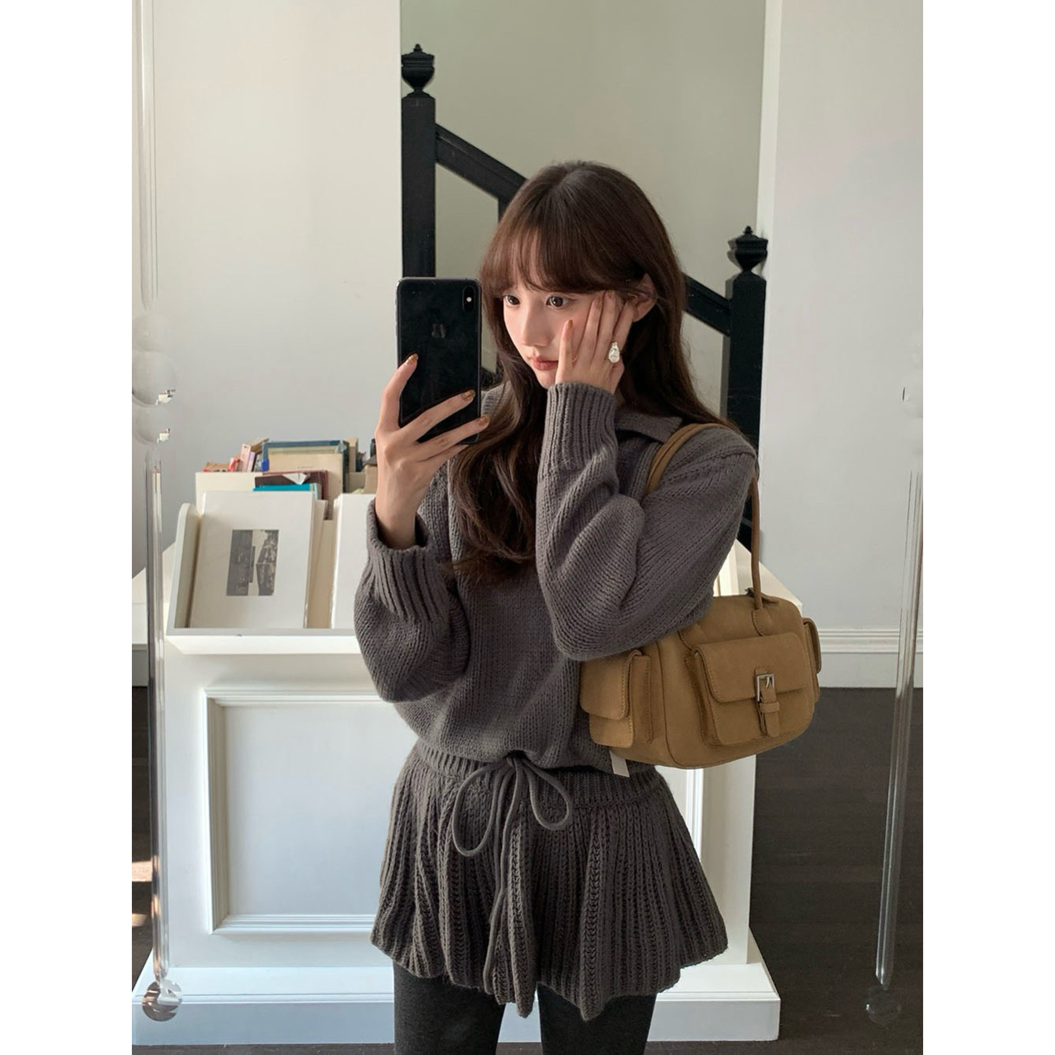 时光日记v领毛衣纯色短裙套装