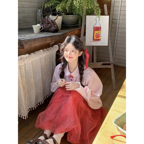 野桃和风粉色条纹甜美衬衫女秋