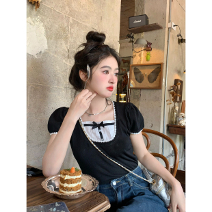 女夏季 泡泡袖 针织衫 上衣 甜美方领蝴蝶结修身 公主甜酒 范雯雯 短袖